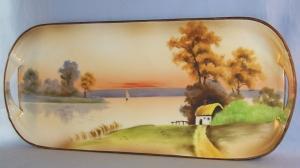 NIPPON Hand Painted Cottage by the Lake Porcelain 2 Handled Tray