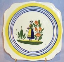 Small Unmarked QUIMPER Lady and Flower Decorated Pottery Plate