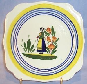 Small Unmarked QUIMPER Lady and Flower Decorated Pottery Plate