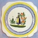 Small Unmarked QUIMPER Lady and Flower Decorated Pottery Plate