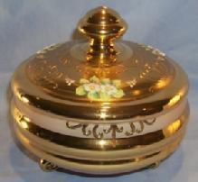 Gold Finished Covered Cased Glass Bowl with Applied Flowers