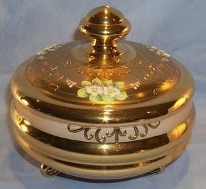 Gold Finished Covered Cased Glass Bowl with Applied Flowers