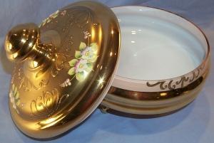 Gold Finished Covered Cased Glass Bowl with Applied Flowers