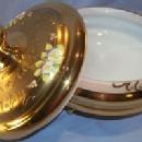 Gold Finished Covered Cased Glass Bowl with Applied Flowers