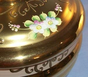 Gold Finished Covered Cased Glass Bowl with Applied Flowers