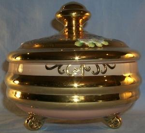 Gold Finished Covered Cased Glass Bowl with Applied Flowers