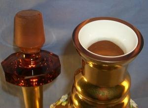 Gold Finished Heavily Decorated Cased Glass Decanter with Long Gold Ground Stopper