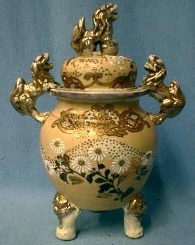 Satsuma Pottery Urn with Kara Shi Shi - Antique Victorian Covered Jar