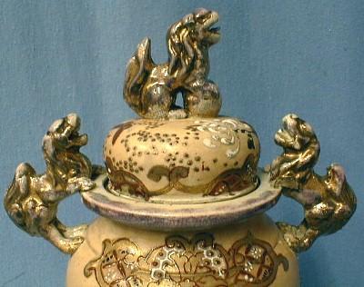 Satsuma Pottery Urn with Kara Shi Shi - Antique Victorian Covered Jar