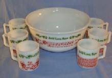7 Piece TOM & JERRY Milk Glass AULD LANG SYNE Punch Bowl Set