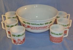 7 Piece TOM & JERRY Milk Glass AULD LANG SYNE Punch Bowl Set