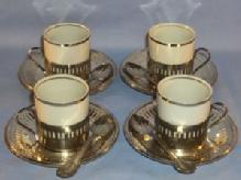 (4) Sets BRAZILIAN Porcelain Cups in Silverplated Holders with Saucers and Spoons