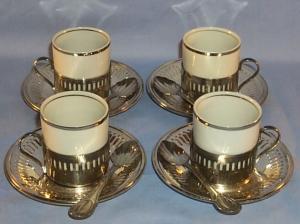 (4) Sets BRAZILIAN Porcelain Cups in Silverplated Holders with Saucers and Spoons