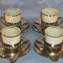 (4) Sets BRAZILIAN Porcelain Cups in Silverplated Holders with Saucers and Spoons