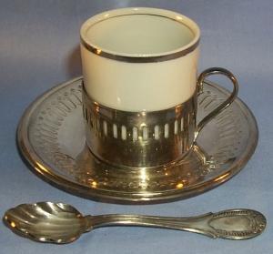 (4) Sets BRAZILIAN Porcelain Cups in Silverplated Holders with Saucers and Spoons