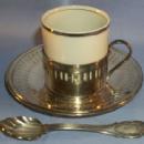 (4) Sets BRAZILIAN Porcelain Cups in Silverplated Holders with Saucers and Spoons