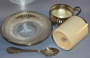 (4) Sets BRAZILIAN Porcelain Cups in Silverplated Holders with Saucers and Spoons