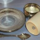 (4) Sets BRAZILIAN Porcelain Cups in Silverplated Holders with Saucers and Spoons