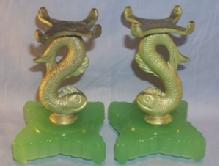 Pair of Fish Stem Candleholders on Jadite Glass Bases