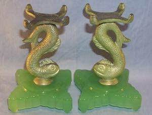 Pair of Fish Stem Candleholders on Jadite Glass Bases