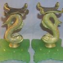 Pair of Fish Stem Candleholders on Jadite Glass Bases