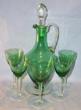 Green Glass Decanter and 5 Stem Wine Glass Set