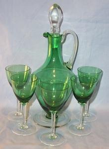 Green Glass Decanter and 5 Stem Wine Glass Set