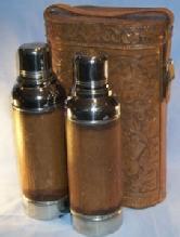 Unique Two Leather Covered Chrome Plated Cobalt Glass Lined FERROSTAT Vacuum Bottles in Flower Decorated Lined Leather Carrying Case