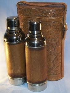 Unique Two Leather Covered Chrome Plated Cobalt Glass Lined FERROSTAT Vacuum Bottles in Flower Decorated Lined Leather Carrying Case