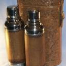 Unique Two Leather Covered Chrome Plated Cobalt Glass Lined FERROSTAT Vacuum Bottles in Flower Decorated Lined Leather Carrying Case