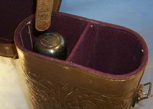 Unique Two Leather Covered Chrome Plated Cobalt Glass Lined FERROSTAT Vacuum Bottles in Flower Decorated Lined Leather Carrying Case