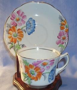 Porcelain Foley China Cup & Saucer with Multi-Colored Pansy Pattern.