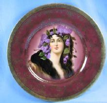 Vienna Portrait Plate - Victorian Maiden with Flowing Hair Decorated with Lilacs
