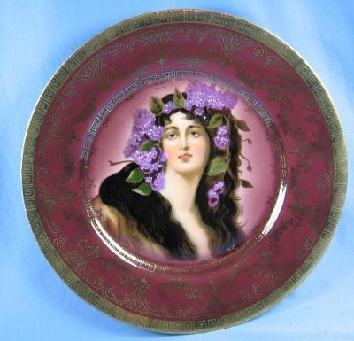 Vienna Portrait Plate - Victorian Maiden with Flowing Hair Decorated with Lilacs