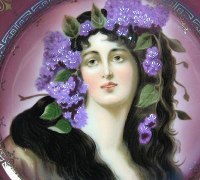 Vienna Portrait Plate - Victorian Maiden with Flowing Hair Decorated with Lilacs