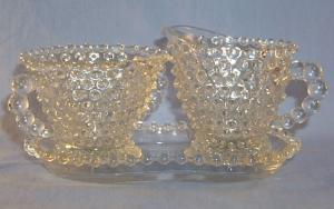 Duncan Glass Crystal HOBNAIL Pattern - Creamer & Sugar with Tray