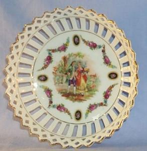 Porcelain German Bowl With Roses and a Victorian Couple Decorated Lacework