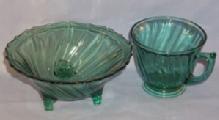 SWIRL Pattern Depression Glass Ultramarine 3 Leg open Candy Dish and Cup