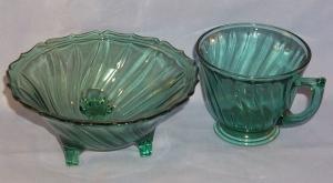 SWIRL Pattern Depression Glass Ultramarine 3 Leg open Candy Dish and Cup