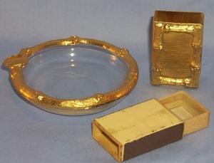 Italian Gold Trim Matchbox Holder, Ashtray, andWooden Matchbox