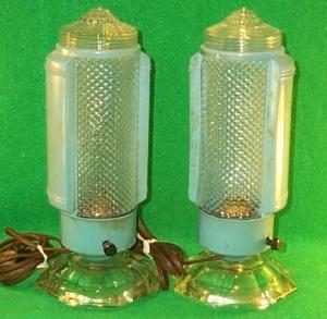 Pair Of Blue Art Deco Boudoir Lamps.
