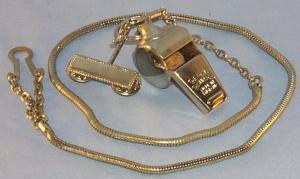 One Silver Plated Brass Police Whistle w/Lanyard Cord.