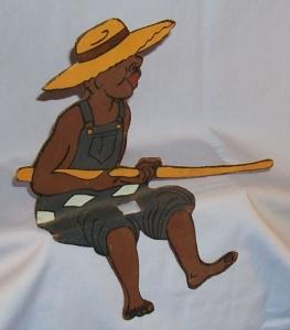 Shelf Sitter, Sheet Metal Hand Painted Black Boy Fishing