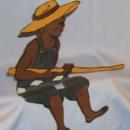Shelf Sitter, Sheet Metal Hand Painted Black Boy Fishing