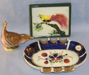 Occupied Japan Ashtray, Bird Shaker, and Bird Of Paradise Tile