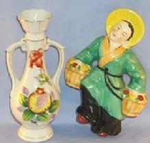 Occupied Japan Oriental Woman, Hanging Chalkware Wall Plaque and A Double Handled Bus Vase