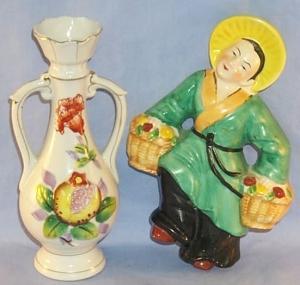 Occupied Japan Oriental Woman, Hanging Chalkware Wall Plaque and A Double Handled Bus Vase