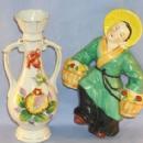 Occupied Japan Oriental Woman, Hanging Chalkware Wall Plaque and A Double Handled Bus Vase