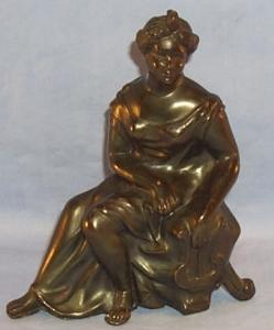 Bronze Coated Pot Metal Sitting Woman Figurine with Lyre - Metalware