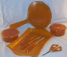 Amber Bakelite Bedroom Dresser Set, Pieces